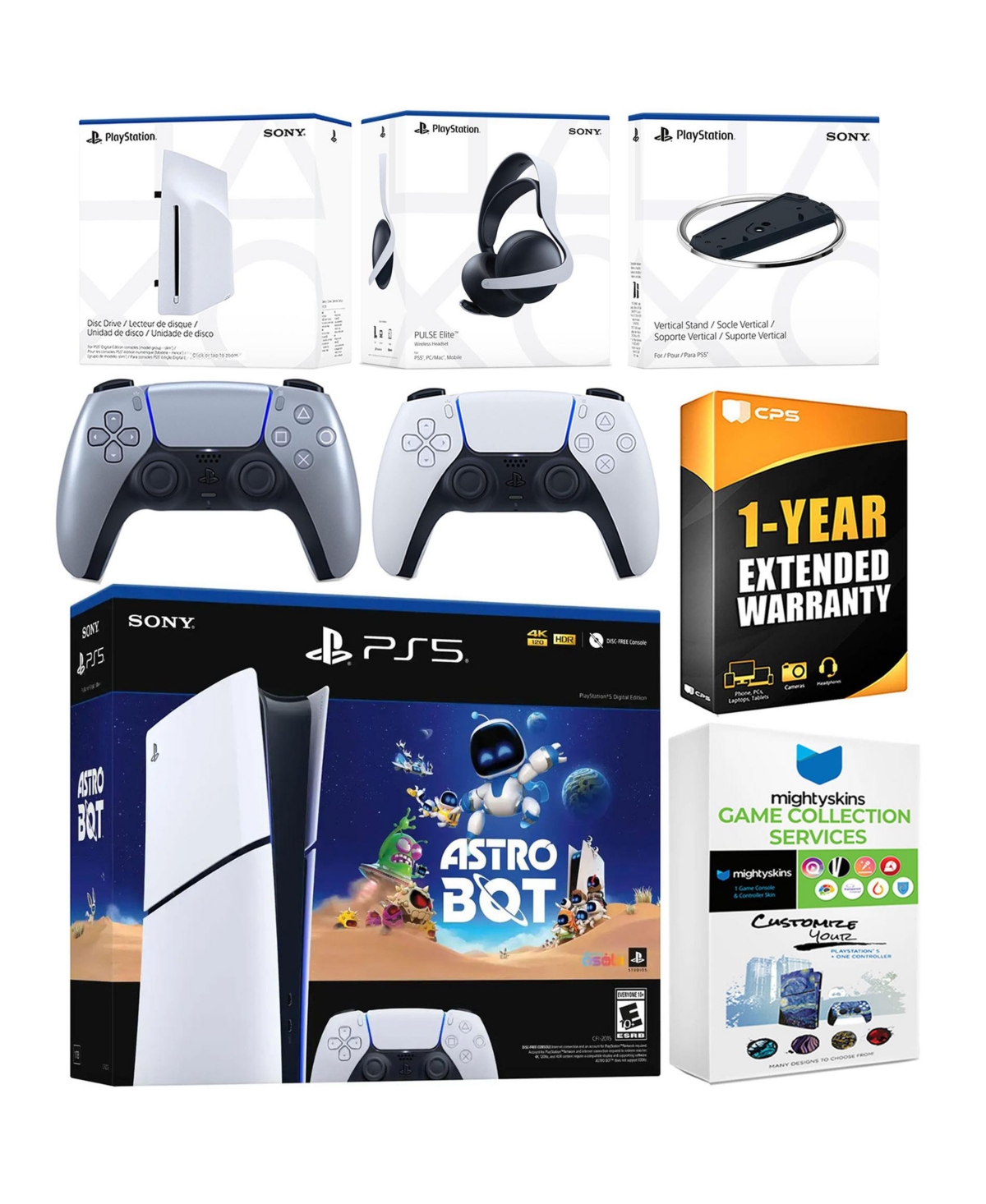 Sony PlayStation 5 Astro Bot Slim Digital Bundle with Disc Drive, Pulse Elite Headset, Extra Controller, Vertical Stand, MightySkins Game Collection S
