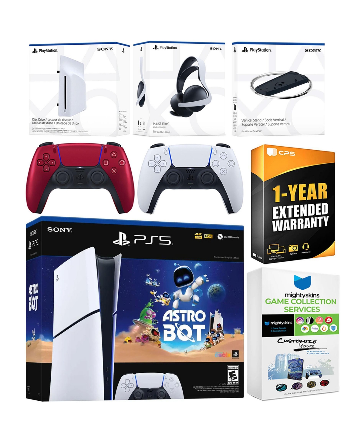 Sony PlayStation 5 Astro Bot Slim Digital Bundle with Disc Drive, Pulse Elite Headset, Extra Controller, Vertical Stand, MightySkins Game Collection S