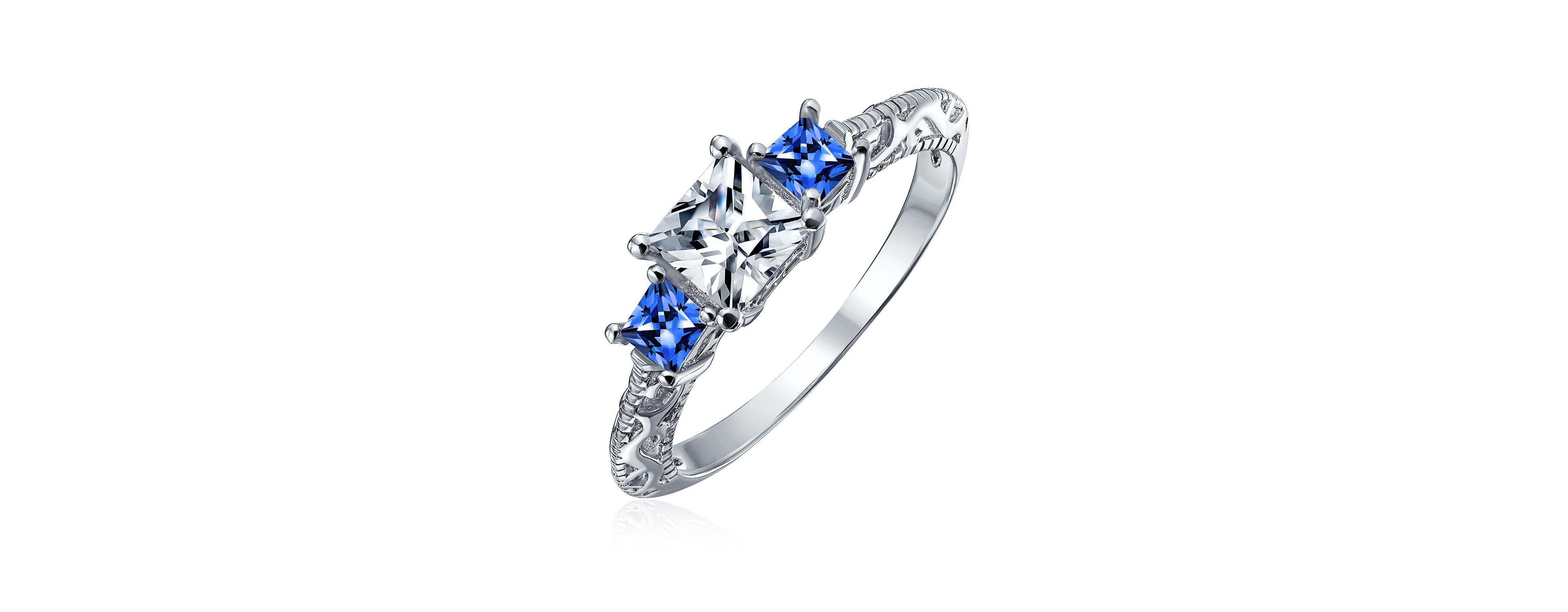 Bling Jewelry 3CT Royal Blue Cz Three Stone Past Present Future Cubic Zirconia Princess Cut Milgrain Filigree Promise Ring Sterling Silver