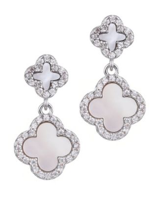 Silver CZ White Mother of Pearl Double Drop Earrings