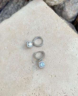 Silver CZ Cushion Halo Huggie Earrings