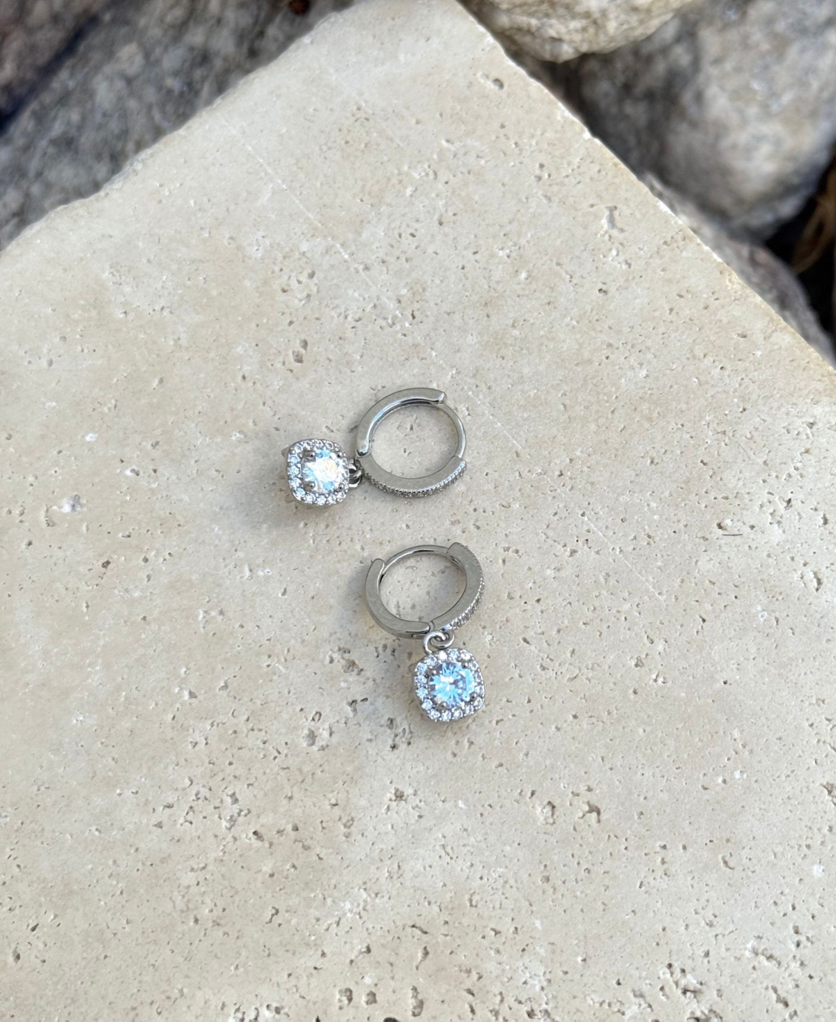 Adornia Silver Plated Cushion Halo Cz Huggie Earrings In Metallic
