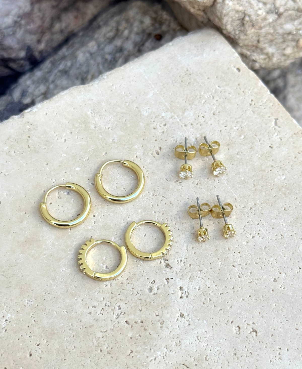 Adornia Gold Cz Hoop And Solitaire Stud Earrings Set In Gold