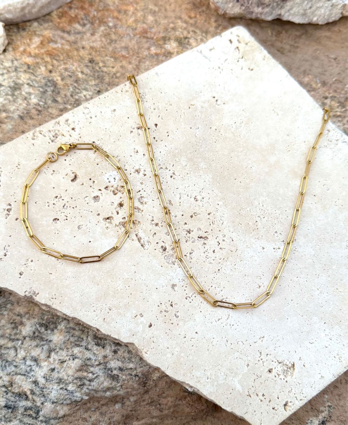 Adornia Tarnish Resistant Gold Paperclip Bracelet And Necklace Set In Gold