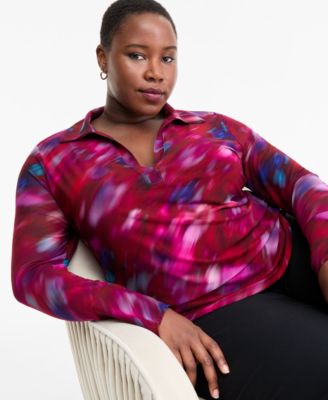 Plus Size Printed Collared Mesh Top