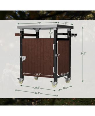27"W Stainless Steel, Metal Storage Cabinet, Hooks, Bottle Opener, Gas Line Hole, Wheels Grill Cart