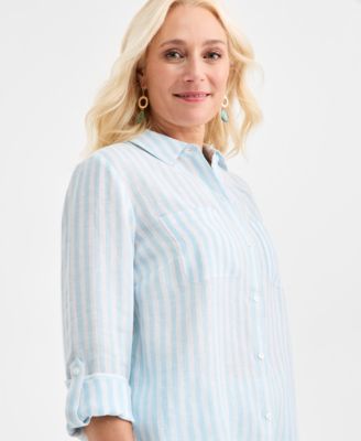 Women's 100% Linen Stripe Roll-Tab-Sleeve Shirt, Macy's Exclusive