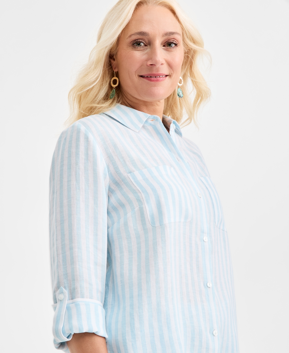 Charter Club Women's 100% Linen Stripe Roll-Tab-Sleeve Shirt, Macy's Exclusive
