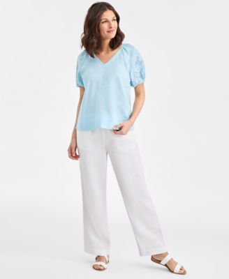 Women's 100% Linen V-Neck Appliqu&eacute;-Sleeve Top, Macy's Exclusive
