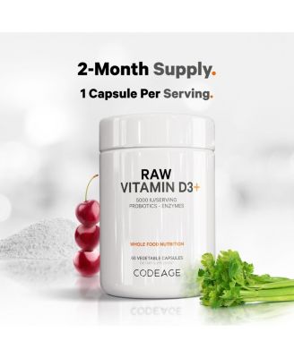 Raw Vitamin D3+ High Potency 5000 IU Supplement- Raw Vitamin Enhanced with Omega-9, Probiotics, Digestive Enzymes, Fruits & Greens 60 Capsules