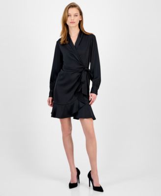 Women's Satin Ruffle-Hem Wrap Dress