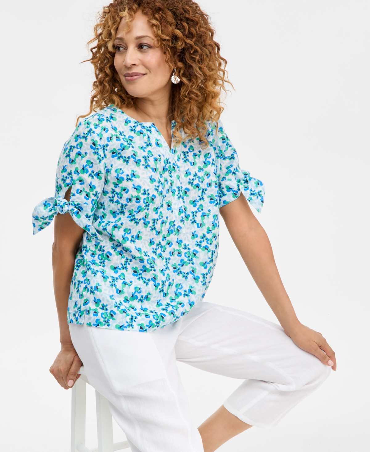 Charter Club Women's 100% Linen Poppy Floral Tie-Cuff Split-Neck Top, Macy's Exclusive