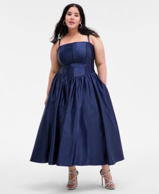 Plus Size Satin Square-Neck Midi Dress