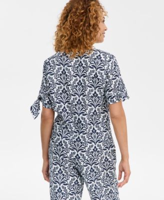 Women's 100% Linen Tile Tie-Cuff Split-Neck Top, Macy's Exclusive