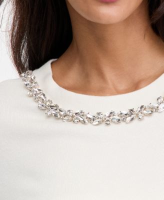 Women's Short-Sleeve Embellished-Neck Sweater, Macy's Exclusive