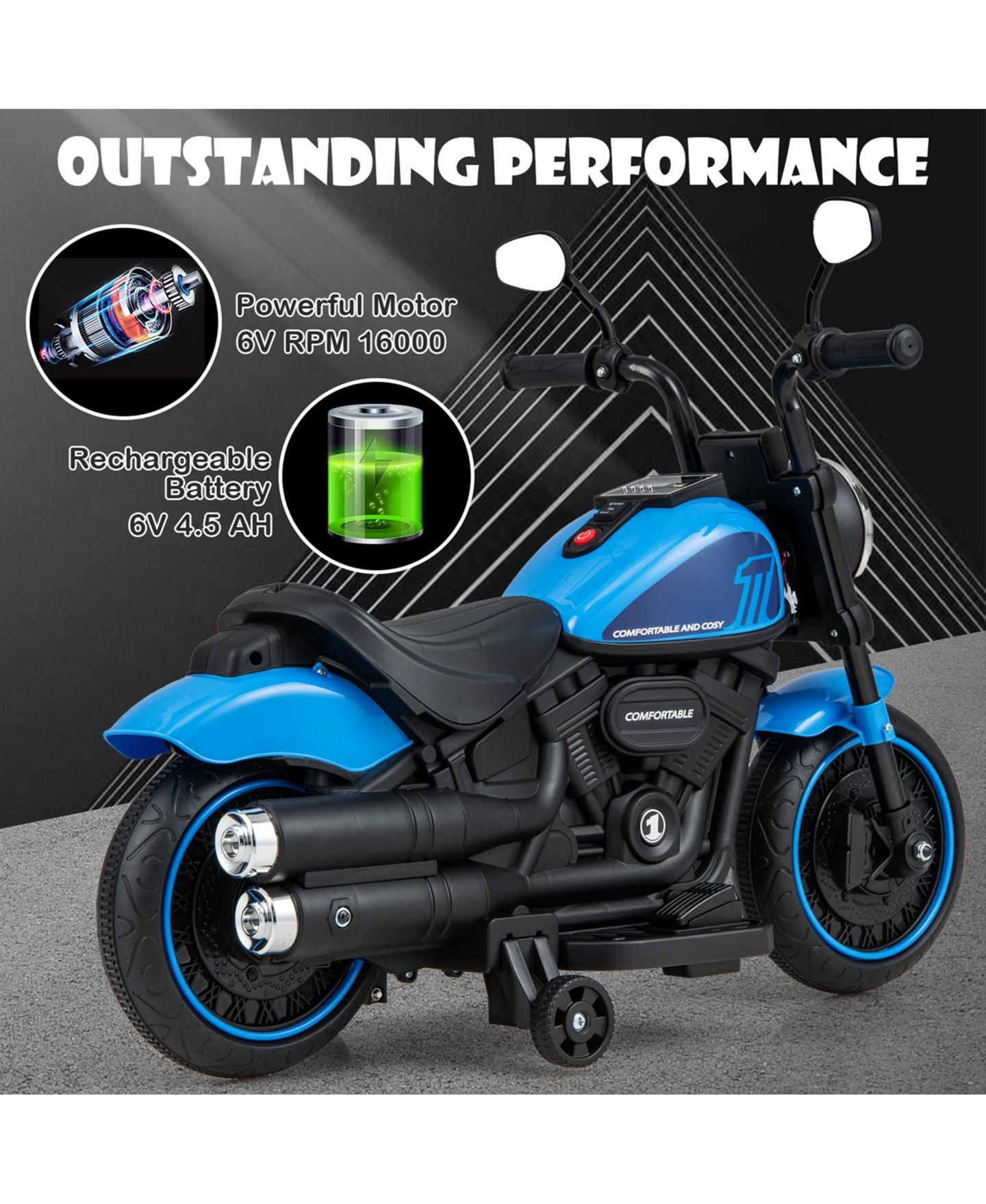 Детская игрушка Costway 6V Electric Motorcycle with Training Wheels & LED Headlight Ride-On, 55 lb. Capacity, Ages 18-36 Months, цвет: Синий — фото 5