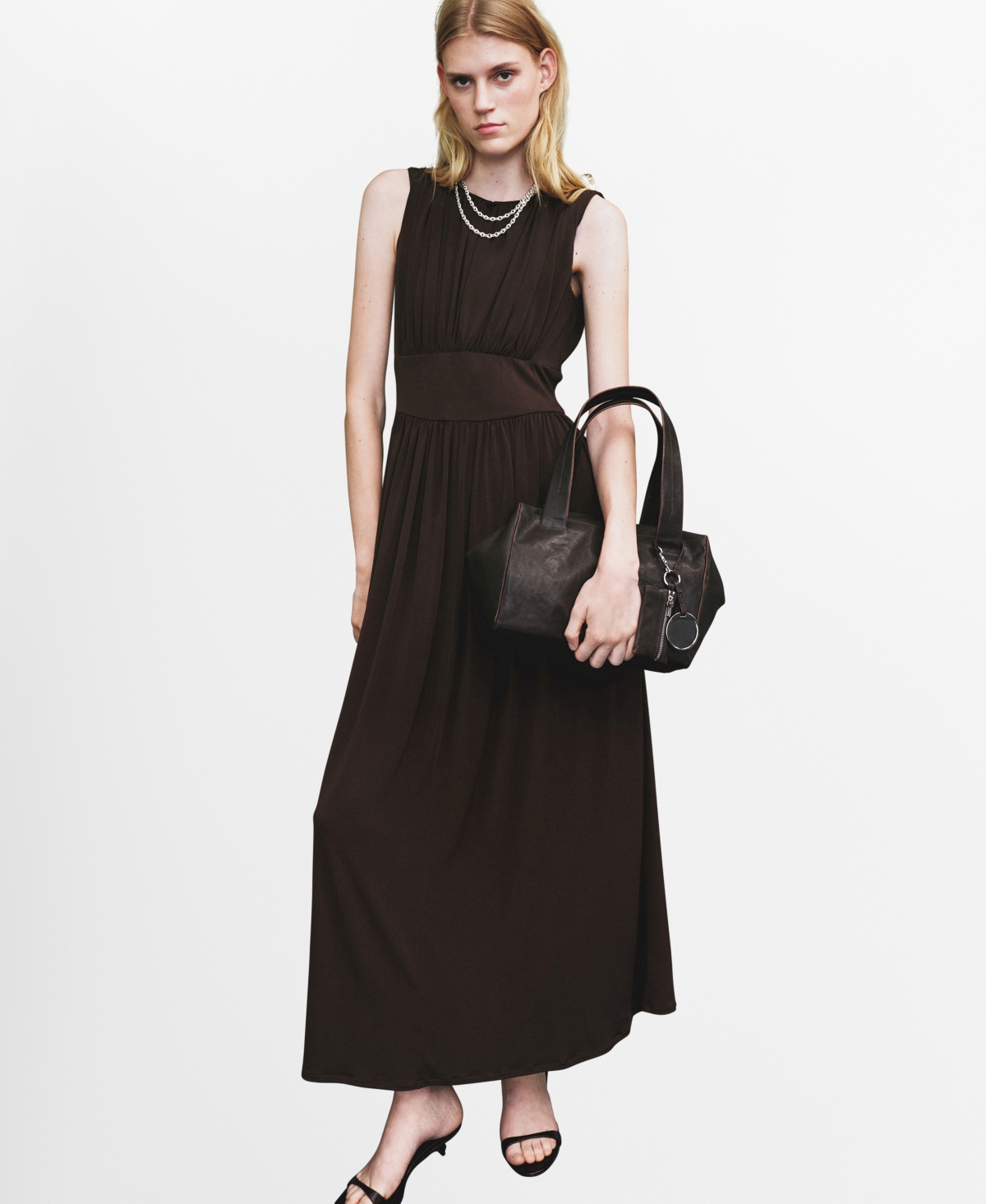 Mango Long Gathered Dress Brown In Brown