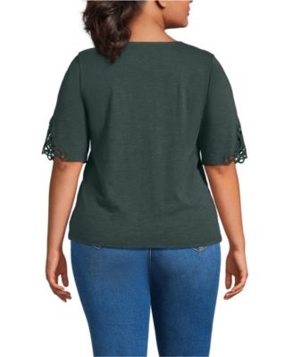 Plus Size Elbow Sleeve Slub Lace Trim T-Shirt
