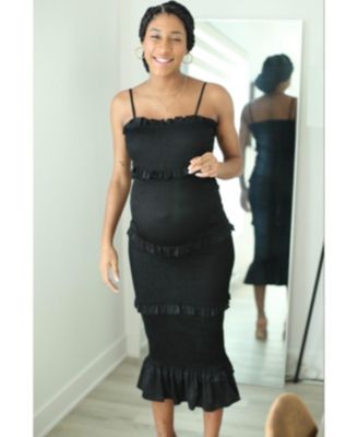 Olive Satin Smocked Fitted Maternity Maxi Dress