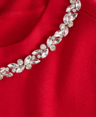 Women's Short-Sleeve Embellished-Neck Sweater, Macy's Exclusive