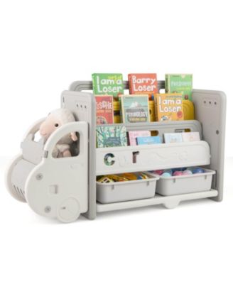 3-Tier Kids Toy Storage and Bookshelf with 2 Storage Boxes Decorative Car Head