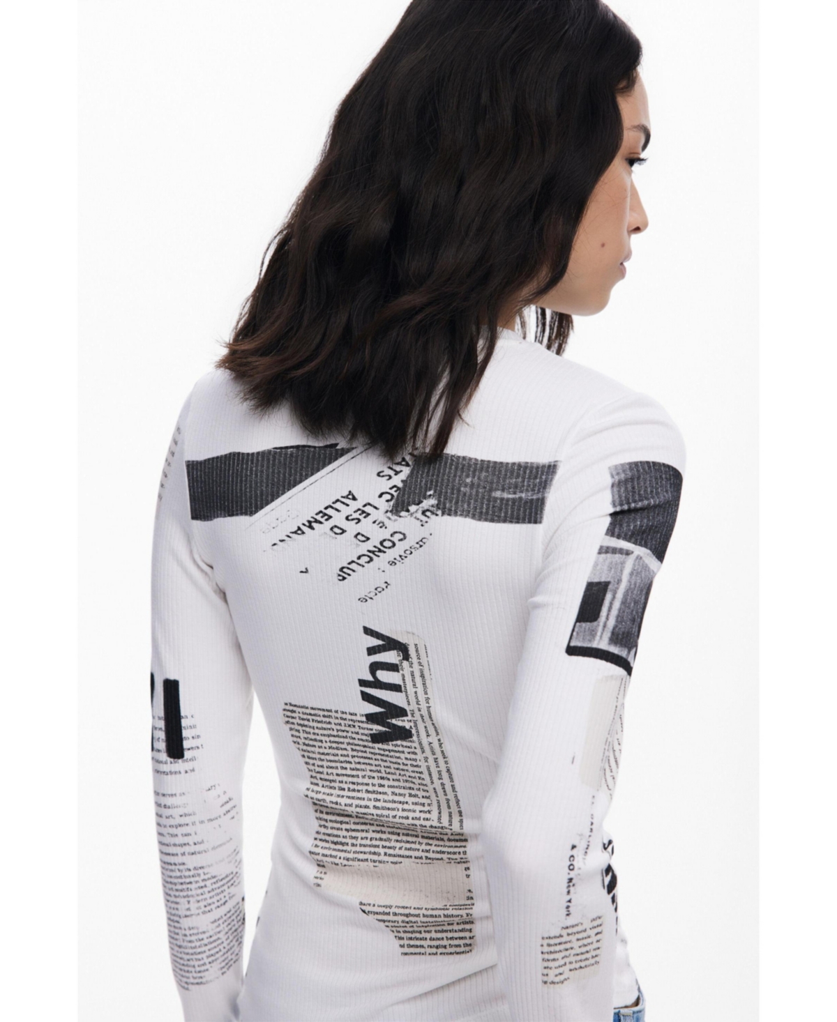 Desigual Mixed Print Long Sleeve Knit Top In White