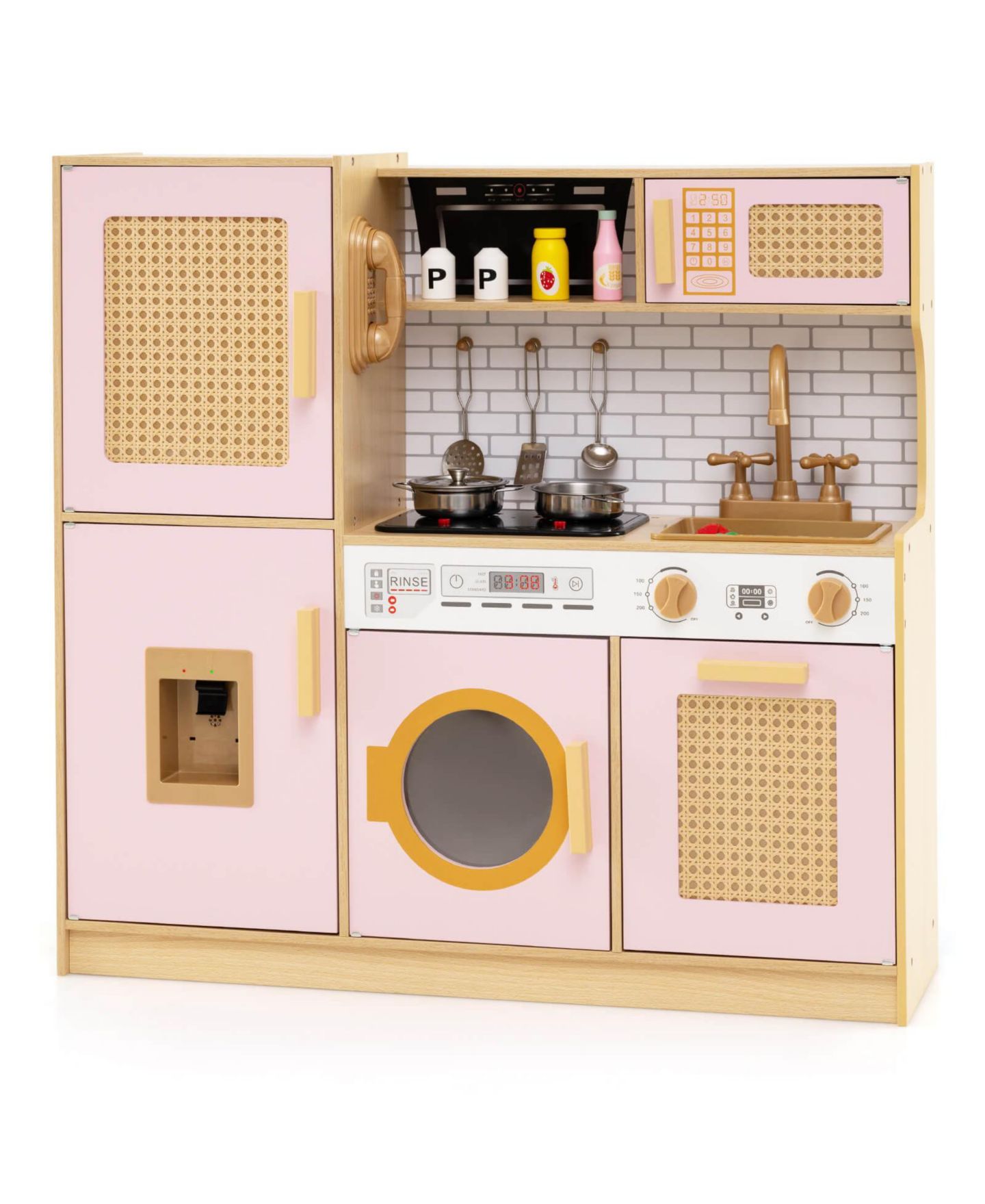 Детские игрушки Costway Interactive Lights and Sounds Wooden Kitchen Playset, 5-Piece Set, Ages 3+, цвет: Розовый — фото 1