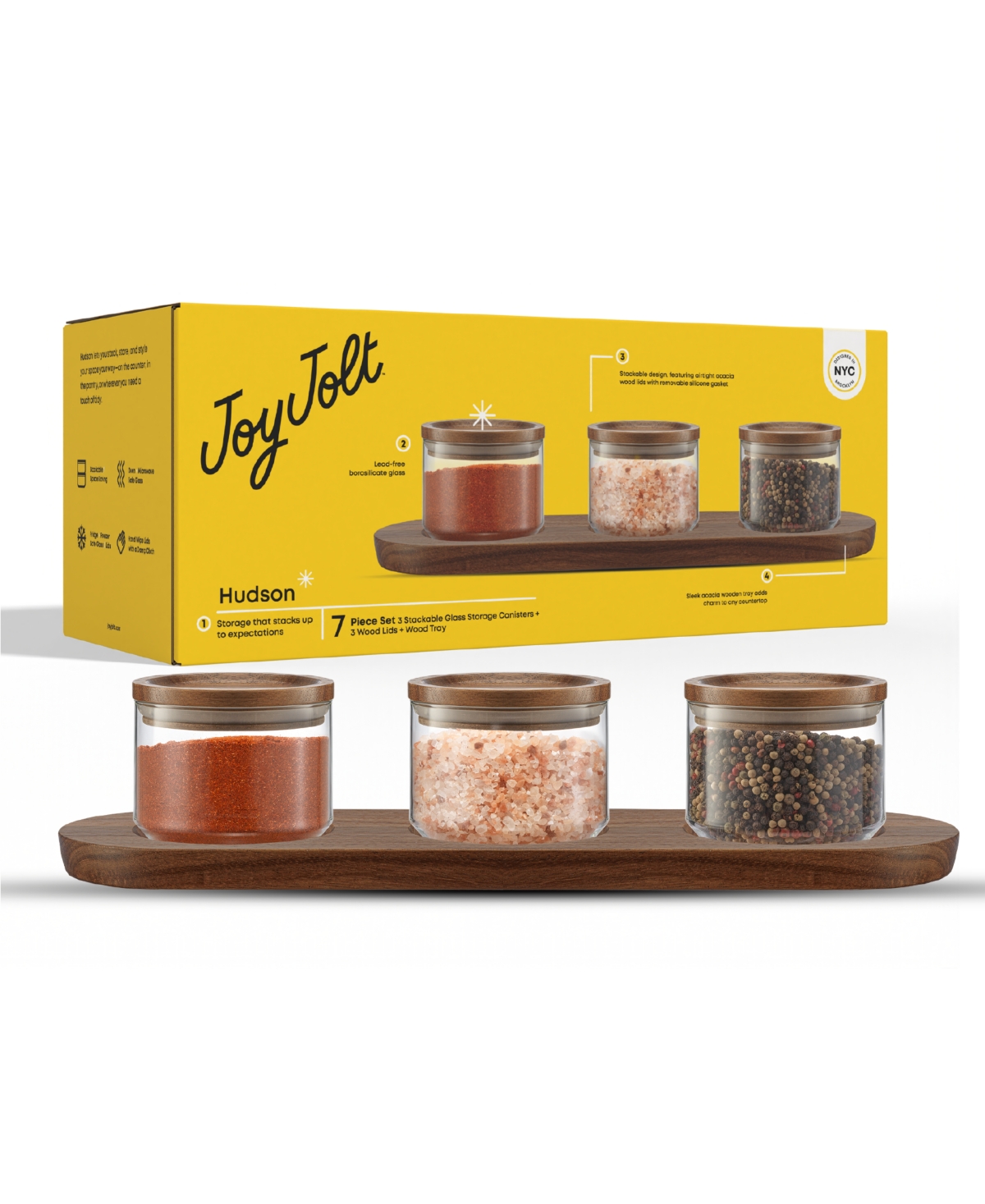 Joyjolt Holden Stackable Glass Storage Canister With Wood Lids And Tray, Set Of 3 In Transparent
