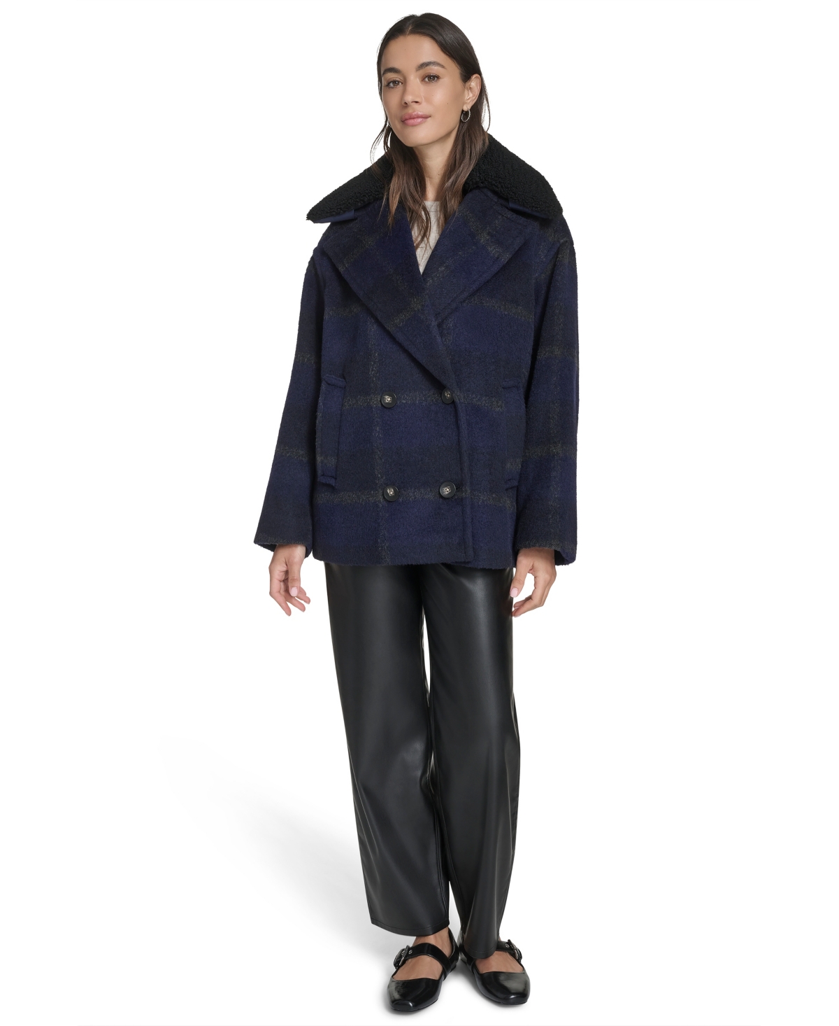 Levi's Plaid Short Peacoat With Removable Faux Shearling Collar In Multi
