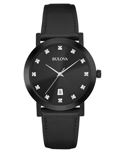Bulova Men's Diamond Accent Black Leather Strap Watch 38mm 98D124
