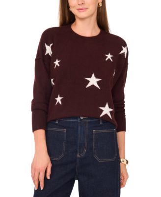 Women's Cozy Crewneck Star-Print Dropped-Shoulder Sweater