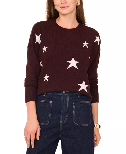 Vince Camuto Women's Cozy Crewneck Star-Print Dropped-Shoulder Sweater