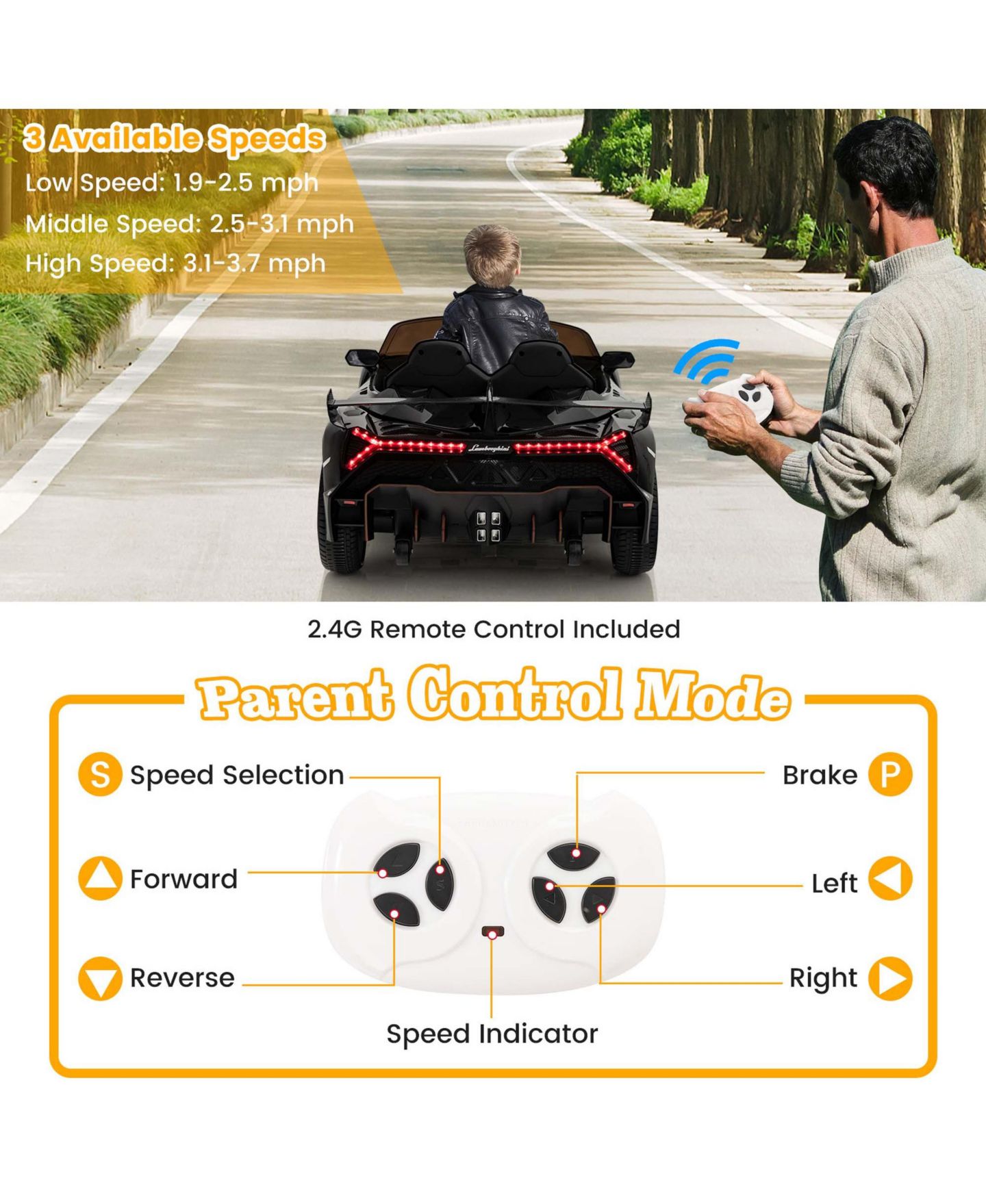 Детская игрушка Costway Licensed Lamborghini 4WD 12V Electric Kids Ride-On Car (24"W x 44"D x 18"H), 66 lb. Capacity, Ages 3-8, цвет: Чёрный — фото 7