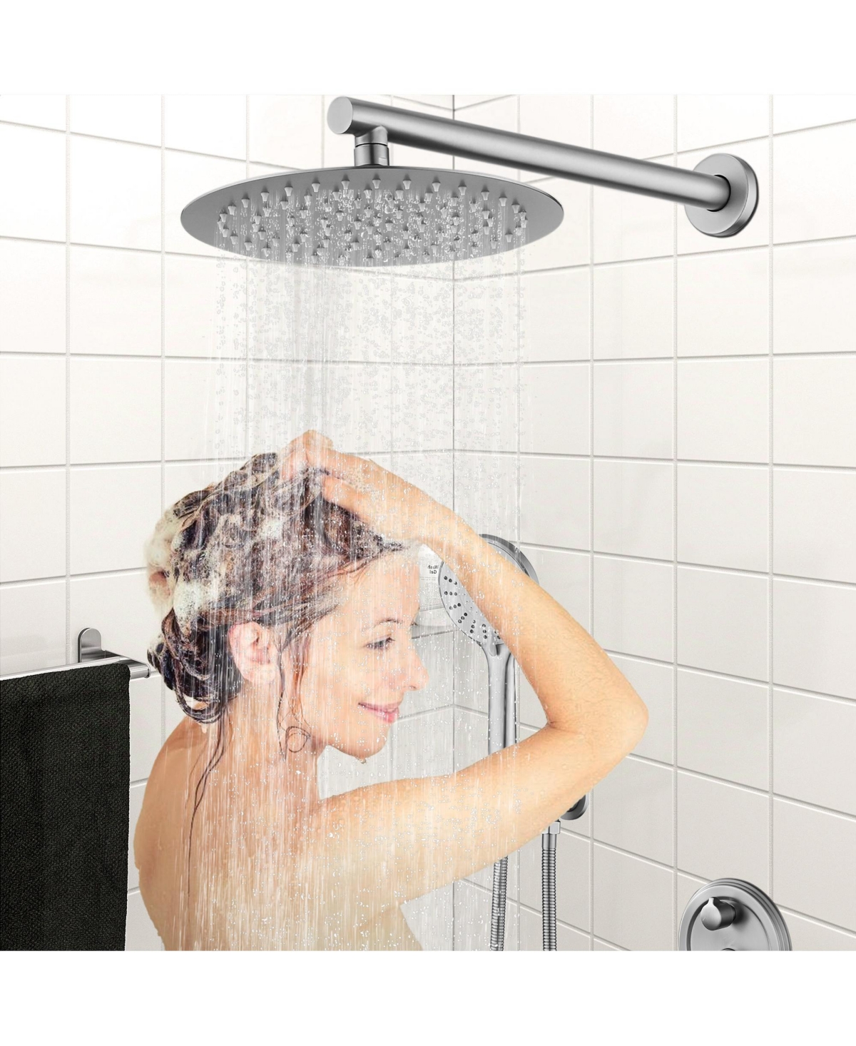 Rainsken 10 Inches Wall Mounted Shower with High Pressure Rain Shower Head and 5-Function Handheld Shower Head
