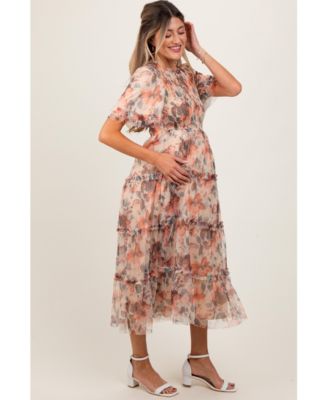 Peach Floral Mesh Smocked Midi Dress