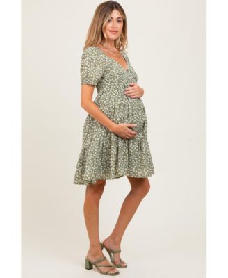 Maternity Light Olive Floral Tiered V-Neck Maternity Mini Dress