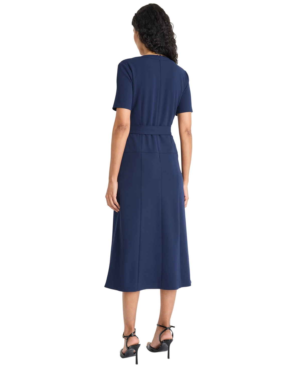 Maggy London Short Sleeve Tie Waist A-line Midi Dress In Blue