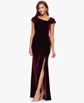 Petite Stretch Cap Sleeve Long Velvet Gown