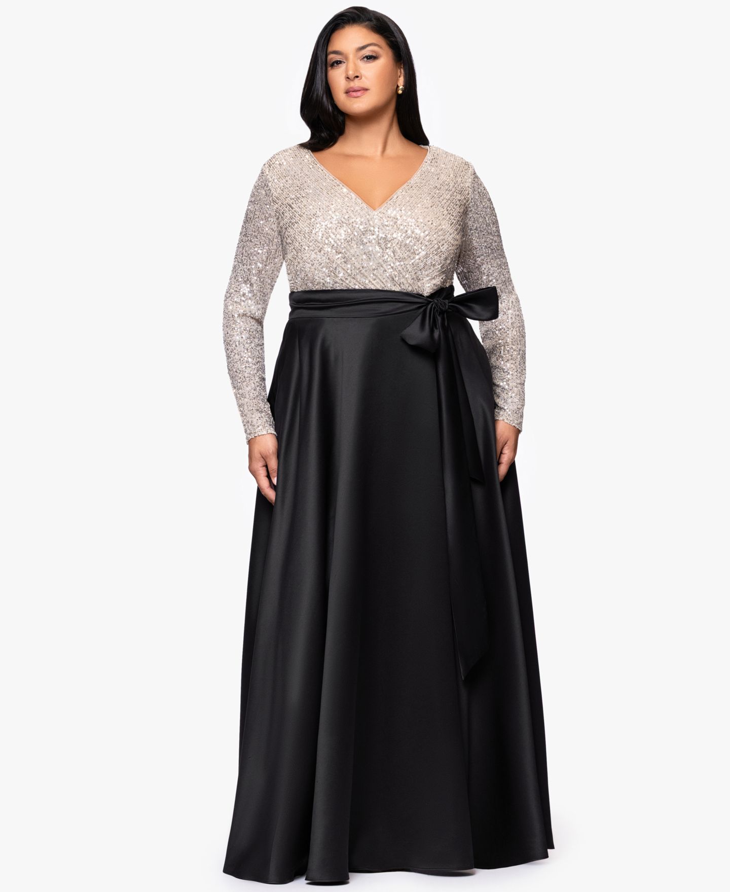 Женское платье XSCAPE Plus Size Long Sleeve Sequin Ballgown Skirt, цвет: Чёрный телесный серебряный — фото 1