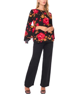 Women's Printed Crewneck 3/4-Bell-Sleeve Blouse