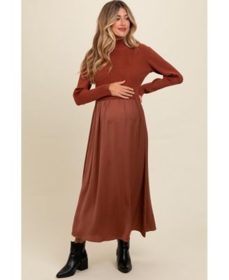 Maternity Olive Knit Contrast Top Satin Midi Dress