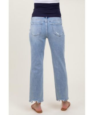 Light Blue Distressed Cutout Maternity Straight Leg Ankle Jeans