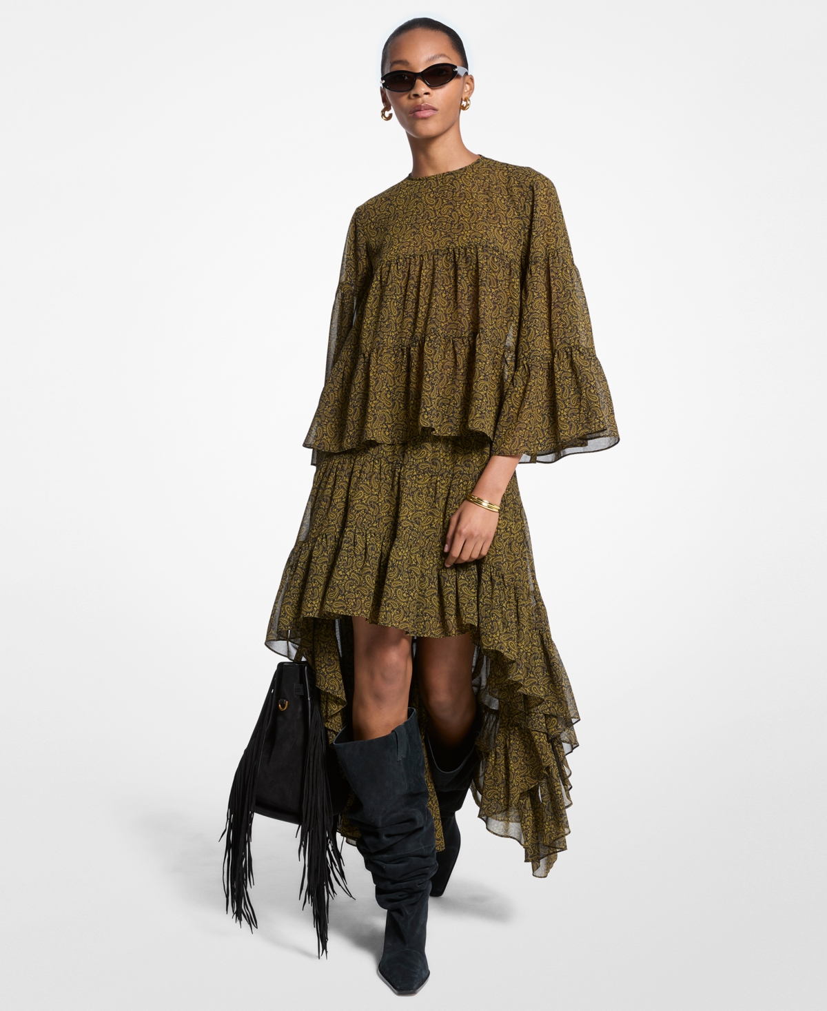Michael Kors Paisley Print Georgette High-low Tiered Skirt In Green