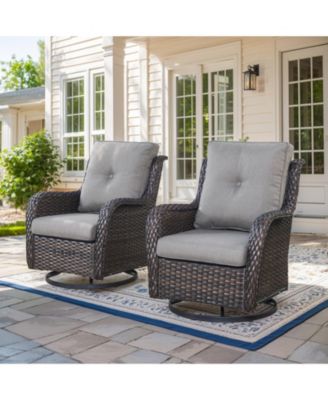 ArcLine Brown Wicker Swivel Glider Outdoor Rocking Chair with CushionGuard Blue Cushion (2-Pack)