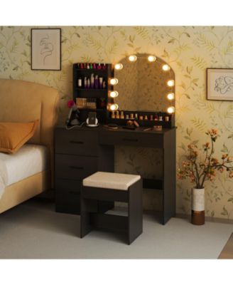 Makeup Vanity Desk Dressing Table and Stool Set with Mirror and Lights