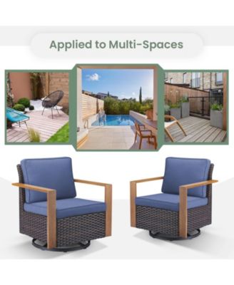 CubeEdge Brown Wicker Patio Swivel Chair Set Outdoor Rocking Chair with CushionGuard Blue Cushions (2-Pack)