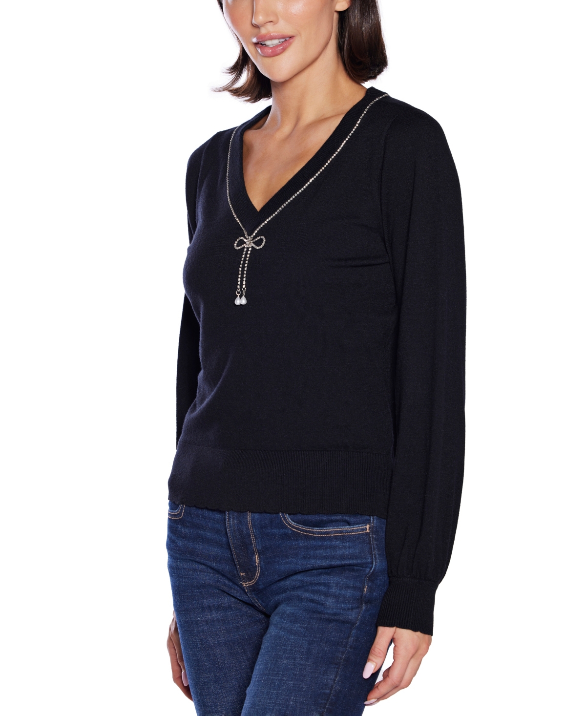 Belldini Women's V-neck Rhinestone-bow Sweater In Black