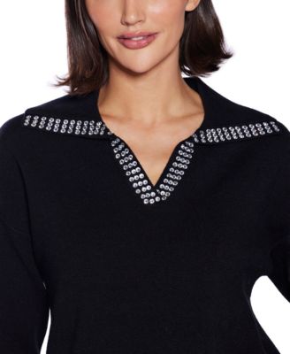 Rhinestone-Trimmed Split-Neck Sweater