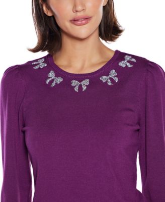  Women's Puff Sleeve Embellished Neckline Sweater