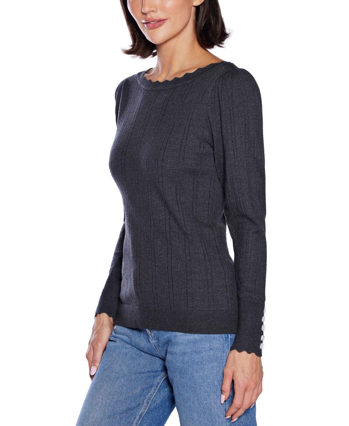 Belldini Women's Scalloped-trim Boat Neck Sweater In Gray